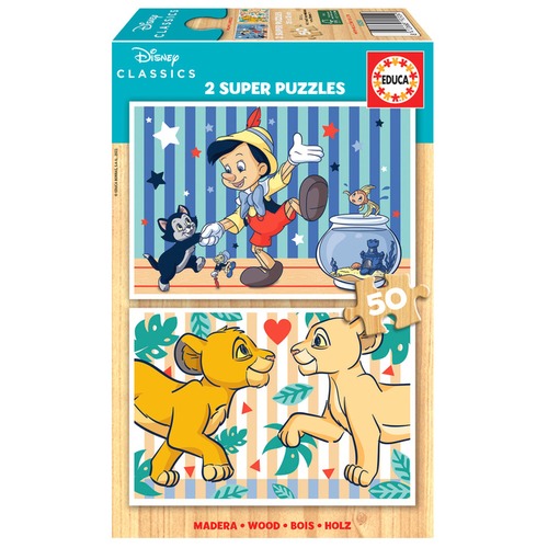 Puzzle 2 x 50 el. Pinokio / Król Lew (drewniane)
